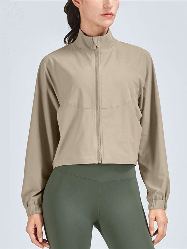 Stand collar zipper loose short jacket for women in beige, perfect for casual sports or leisure wear - SF1448.